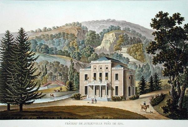 Chateau of Juslenville, nära Spa, från "Val av de mest framstående monumenten, byggnaderna och husen i kungariket Nederländerna" av Pierre Jacques Goetghebuer, publicerad 1827 (akvatint) av Pierre Jacques Goetghebuer
