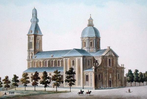 St. Pierre-kyrkan i Gent, från "Val av de mest framstående monumenten, byggnaderna och husen i kungariket Nederländerna" av Pierre Jacques Goetghebuer, publicerad 1827 (akvatint) av Pierre Jacques Goetghebuer