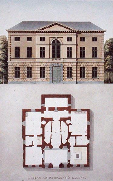 Country House i Laeken, nära Bryssel, från "Val av de mest framstående monumenten, byggnaderna och husen i kungariket Nederländerna" av Pierre Jacques Goetghebuer, publicerad 1827 (akvatint) av Pierre Jacques Goetghebuer