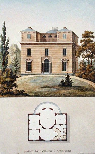 Country House i Oostakker, Belgien, från "Val av de mest framstående monumenten, byggnaderna och husen i kungariket Nederländerna" av Pierre Jacques Goetghebuer, publicerad 1827 (akvatint) av Pierre Jacques Goetghebuer