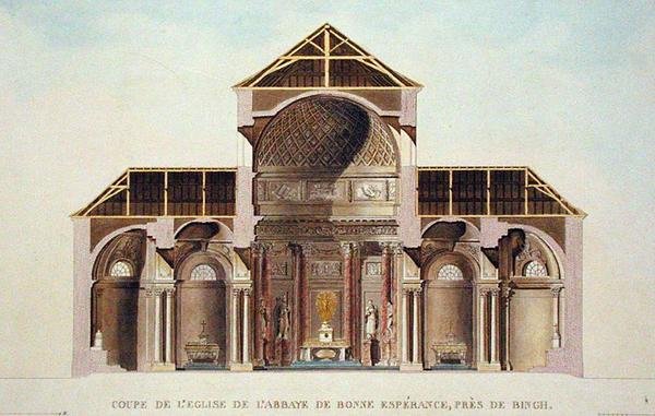 Tvärsnitt av klosterkyrkan Bonne Esperance, nära Binche, Belgien, från "Val av de mest anmärkningsvärda monumenten, byggnaderna och husen i kungariket Nederländerna" av Pierre Jacques Goetghebuer, publicerad 1827 (akvatint) av Pierre Jacques Goetghebuer