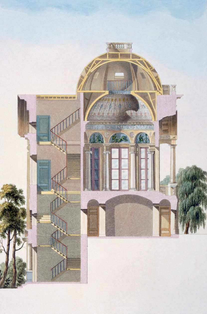 Tvärsnitt av paviljongen Hingene, nära Antwerpen, från "Val av de mest anmärkningsvärda monumenten, byggnaderna och husen i Konungariket Nederländerna" av Pierre Jacques Goetghebuer, publicerad 1827 (colo av Pierre Jacques Goetghebuer