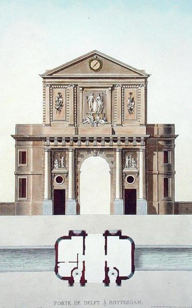 Portalen i Delft, Rotterdam, ur "Choix des Monuments, Edifices et Maisons les plus remarquables du Royaume des Pays-Bas" av Pierre Jacques Goetghebuer, publicerad 1827 (akvatint) av Pierre Jacques Goetghebuer
