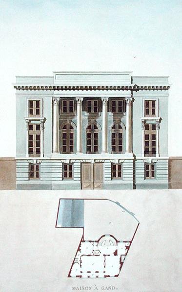 Hus i Gent, Belgien, från "Val av de mest framstående monumenten, byggnaderna och husen i kungariket Nederländerna" av Pierre Jacques Goetghebuer, publicerad 1827 (akvatint) av Pierre Jacques Goetghebuer