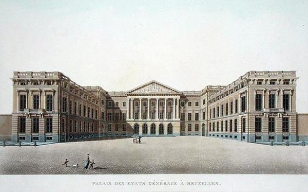 Palace of the Estates General, Bryssel, från "Val av de mest framstående monumenten, byggnaderna och husen i kungariket Nederländerna" av Pierre Jacques Goetghebuer, publicerad 1827 (akvatint) av Pierre Jacques Goetghebuer