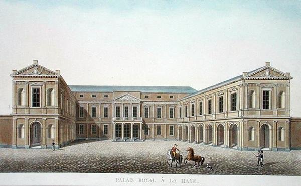Palais Royal, Haag, från "Val av de mest framstående monumenten, byggnaderna och husen i kungariket Nederländerna" av Pierre Jacques Goetghebuer, publicerad 1827 (akvatint) av Pierre Jacques Goetghebuer