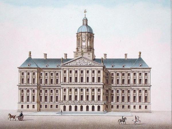 Kungliga palatset i Amsterdam, från "Val av de mest framstående monumenten, byggnaderna och husen i kungariket Nederländerna" av Pierre Jacques Goetghebuer, publicerad 1827 (akvatint) av Pierre Jacques Goetghebuer