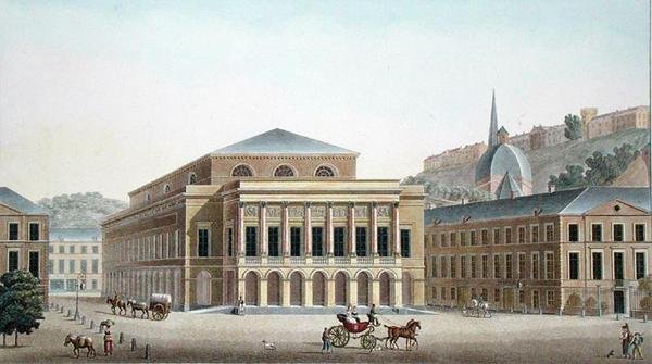 Theatre of Liege, från "Val av de mest framstående monumenten, byggnaderna och husen i kungariket Nederländerna" av Pierre Jacques Goetghebuer, graverad av författaren, publicerad 1827 (akvatint) av Pierre Jacques Goetghebuer