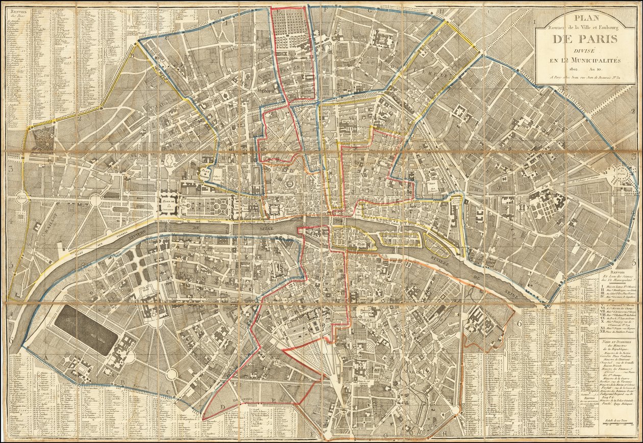 1802 års karta - Plan Routier de la Ville et Faubourg de Paris Divise en 12 Municipalities av Pierre Jean