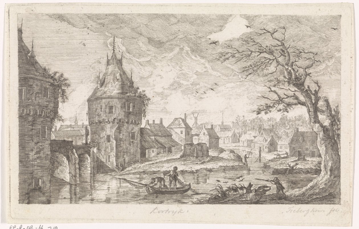 Byutsikt med fiskare av Pierre Joseph Jacques Tiberghien