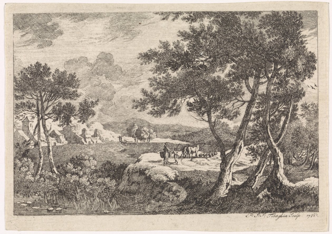 Landskap med träd i förgrunden av Pierre Joseph Jacques Tiberghien