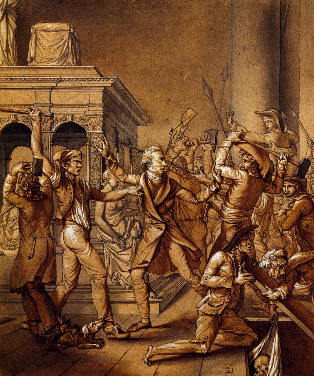 Alexandre Lenoir motsätter sig förstörelsen av Ludvig XII:s grav i Saint Denis, historisk skiss av Pierre Joseph Lafontaine (1758-1835). Franska revolutionen, Frankrike av Pierre Joseph Lafontaine