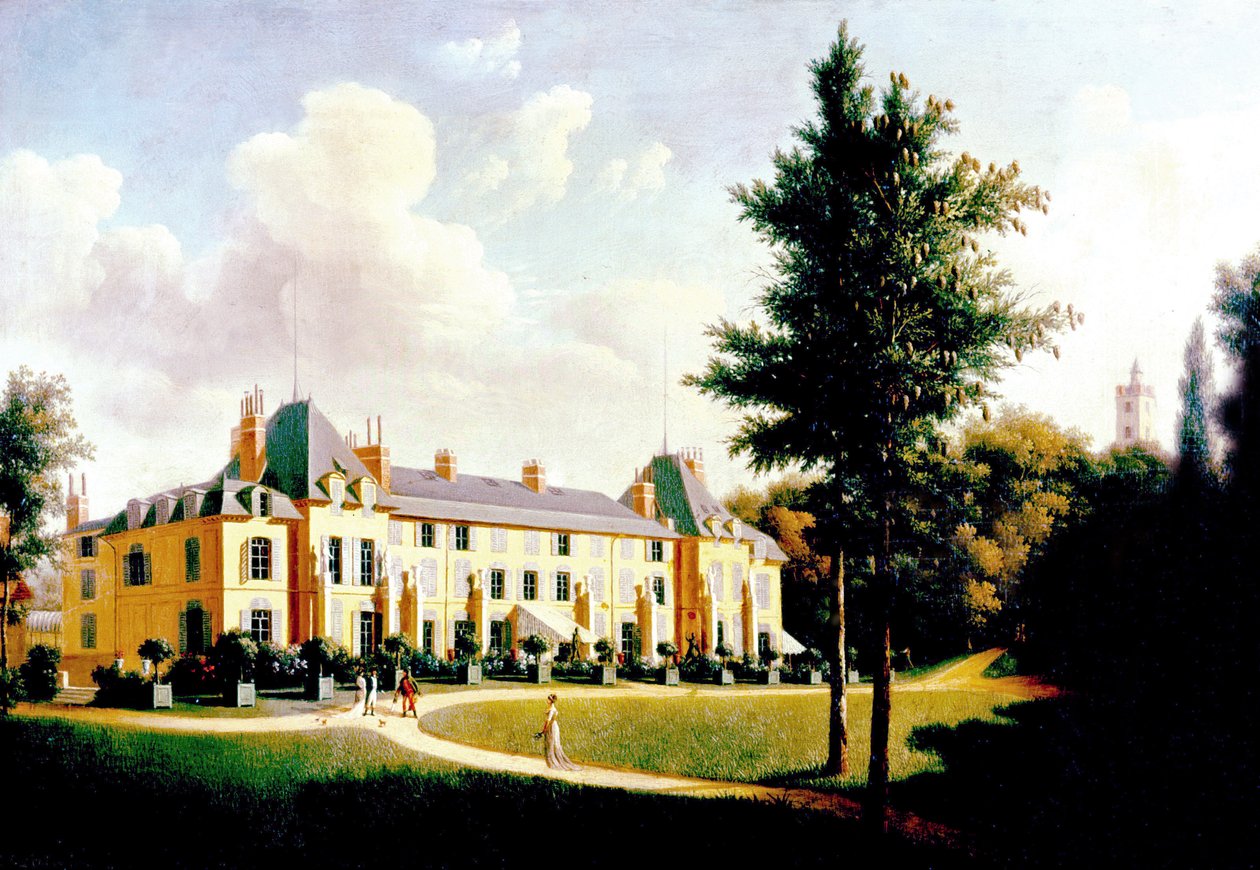 Utsikt över Chateau de Malmaison (fasad på parken), slutet av 1700-tidigt 1800-tal (målning) av Pierre Joseph Petit