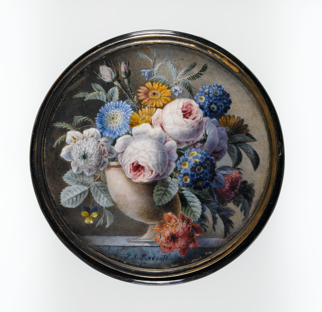 Sköldpaddsskallåda med en miniatyr av blommor i en stenvas på en marmorplatta, 1827 (wc och kroppsfärg på kort, inställd under glas i ett fäste av förgylld metall) av Pierre Joseph Redouté