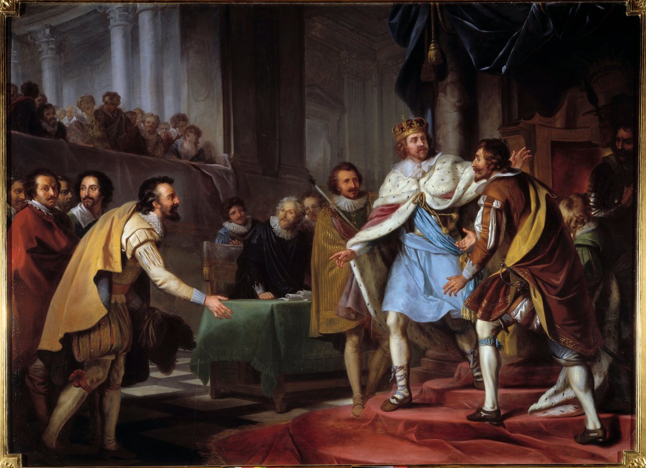 Ambassad för Maximilian av Bethune, hertig av Sully (1560-1641) till kung James I Stuart 1603. Ambassadören för kungen av Frankrike Henri IV kom för att förhandla med den nye kungen av England och kallade honom Hampton Court den 9/09/1603 . Målning av Pier av Pierre Lacour