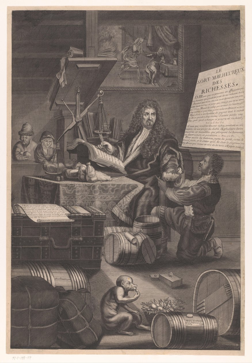 Guldvåg med tjänare som varnar för farorna med rikedom av Pierre Landry (attributed to)