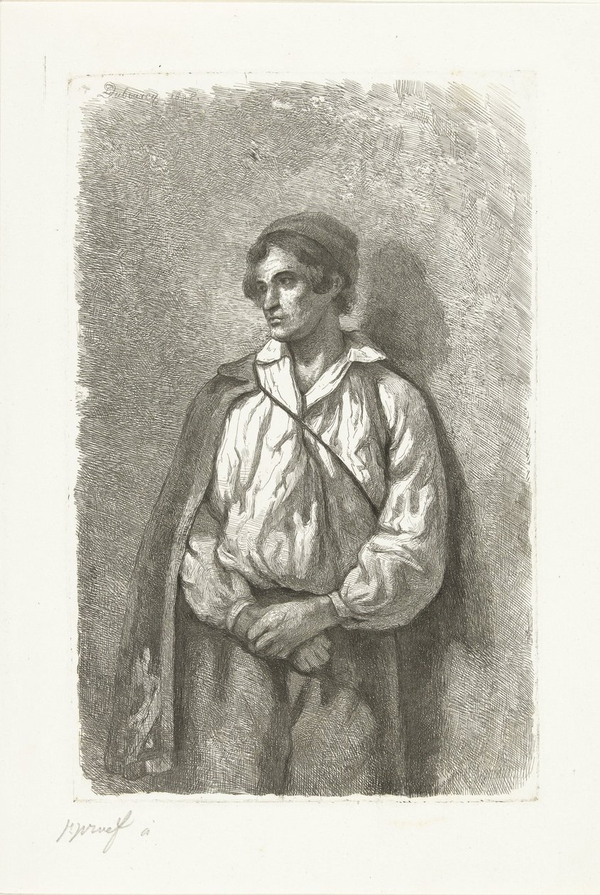 Porträtt av en okänd ung man med hatt och cape av Pierre Louis Dubourcq