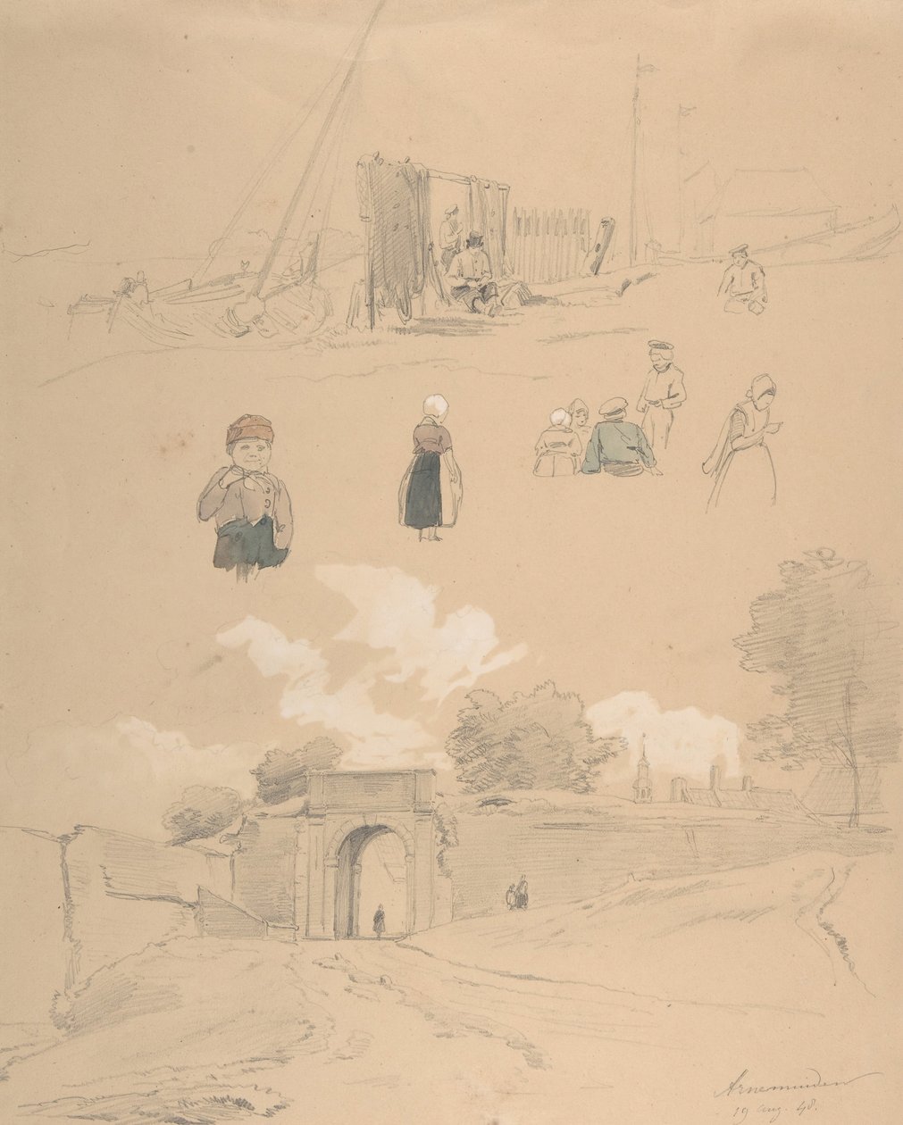 Studieblad med figurer och landskap vid Arnemuiden nära Middelburg..., mitten av 1800-talet. av Pierre Louis Dubourcq