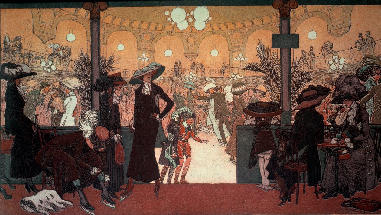 Palais des Glaces: Utsikt från det inre av Palais des Glaces på Champs Elysees i Paris: skridskobanan. Konstverk av Pierre Gatier (1878-1944) Privat samling av Pierre Louis Gatier