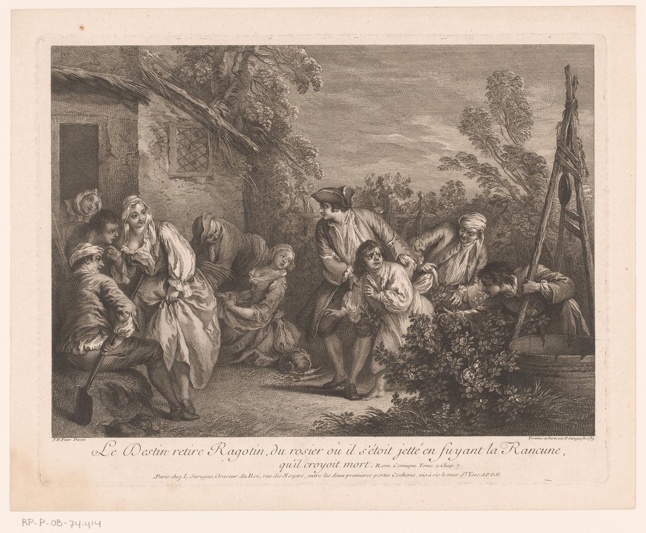 Ragotin gevlucht in en rozenstruik Ödet drar Ragotin från rosenbusken som han hade kastat sig i när han flydde från La Rancune, som han trodde var död. Scener från Roman Comique van Scarron (serietitel) av Pierre Louis Surugue