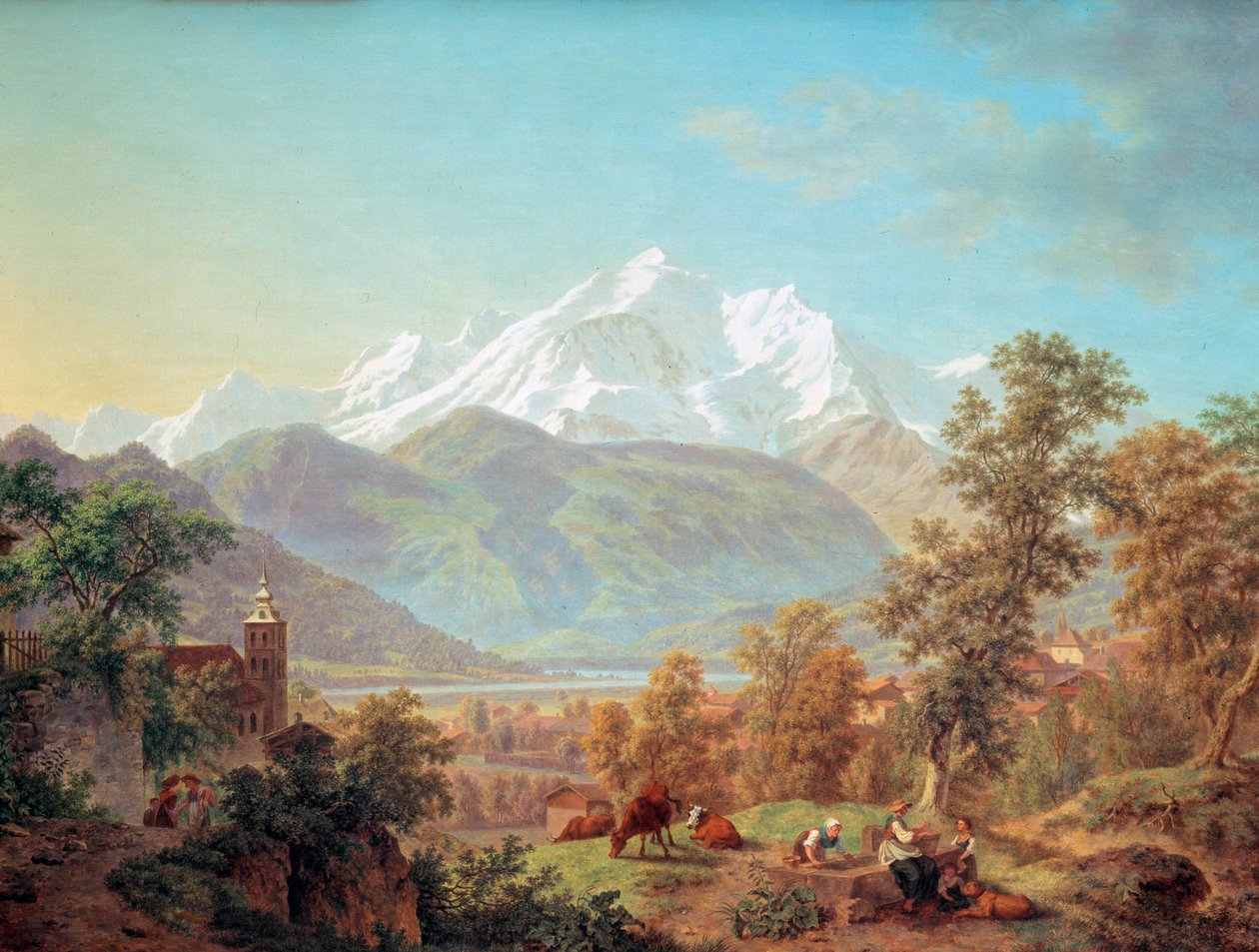 Le Mont-Blanc sett från Sallanches vid solnedgången Målning av Pierre Louis från stranden (1753-1817) 1802 Musee d? konst och d? historia om staden Genève, Schweiz av Pierre Louis de La Rive