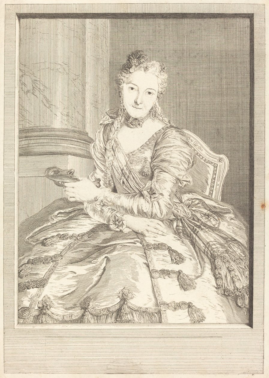 Fru de M ... i balklänning av Pierre Louis de Surugue after Charles Antoine Coypel