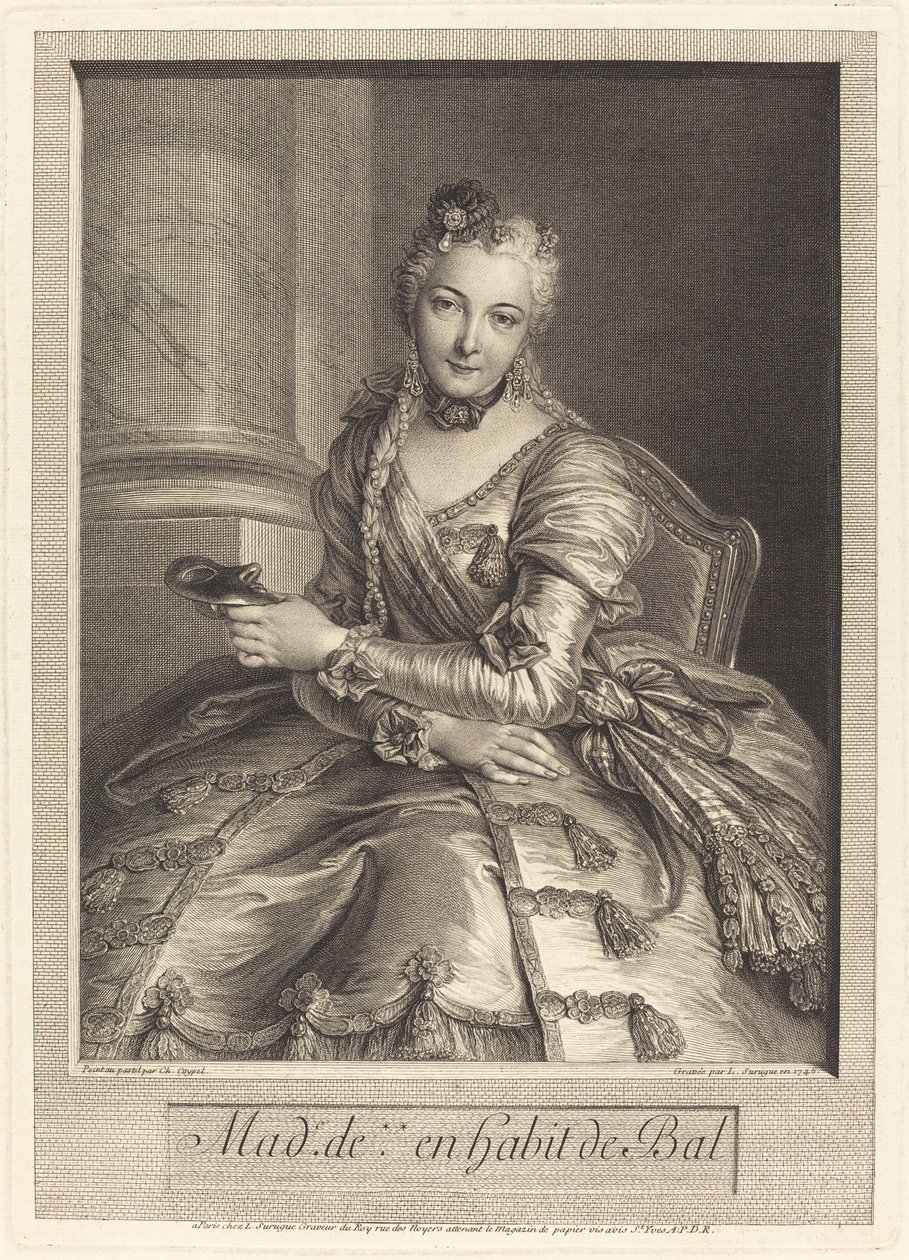 Fru de M ... i balklänning av Pierre Louis de Surugue after Charles Antoine Coypel