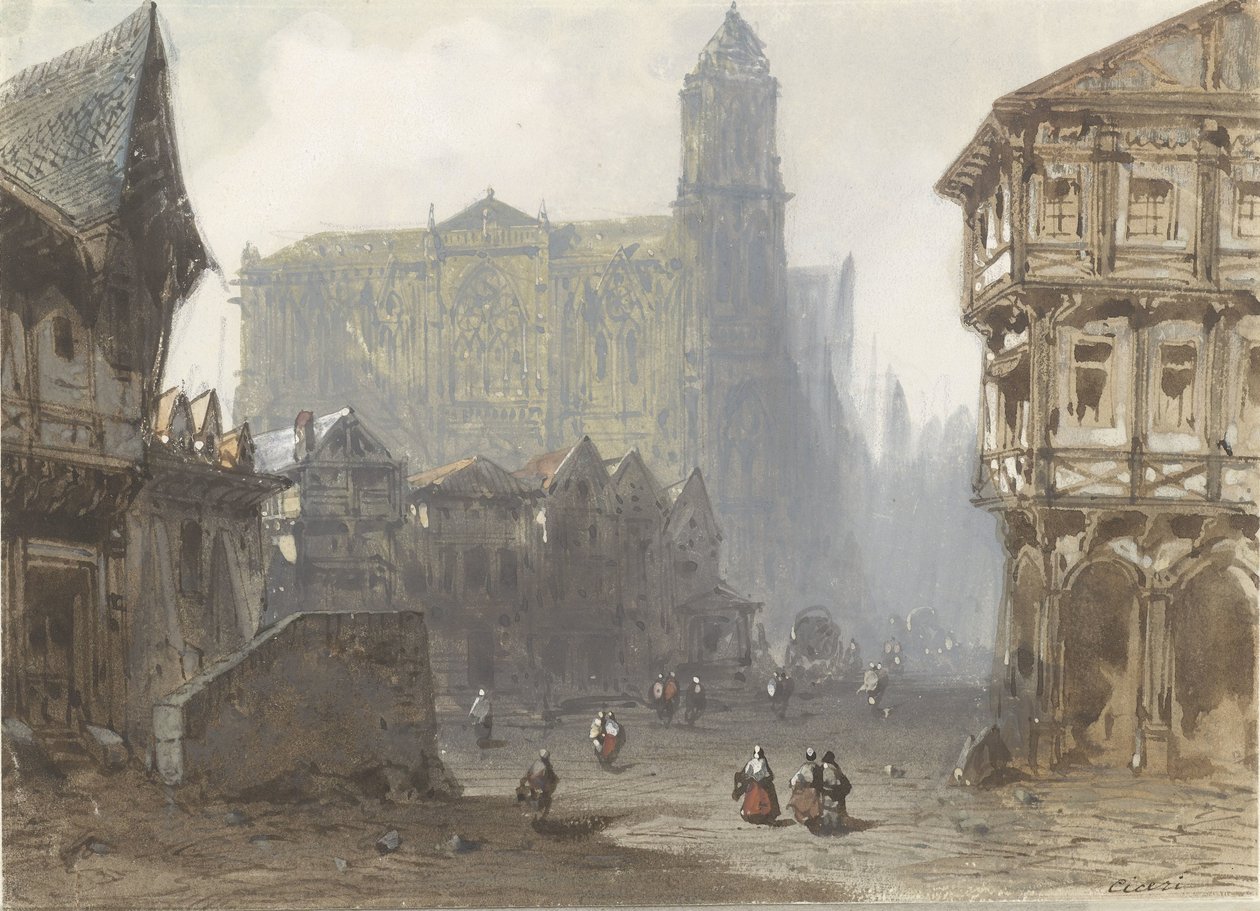 Det gamla marknadstorget i Rouen av Pierre Luc Charles Ciceri