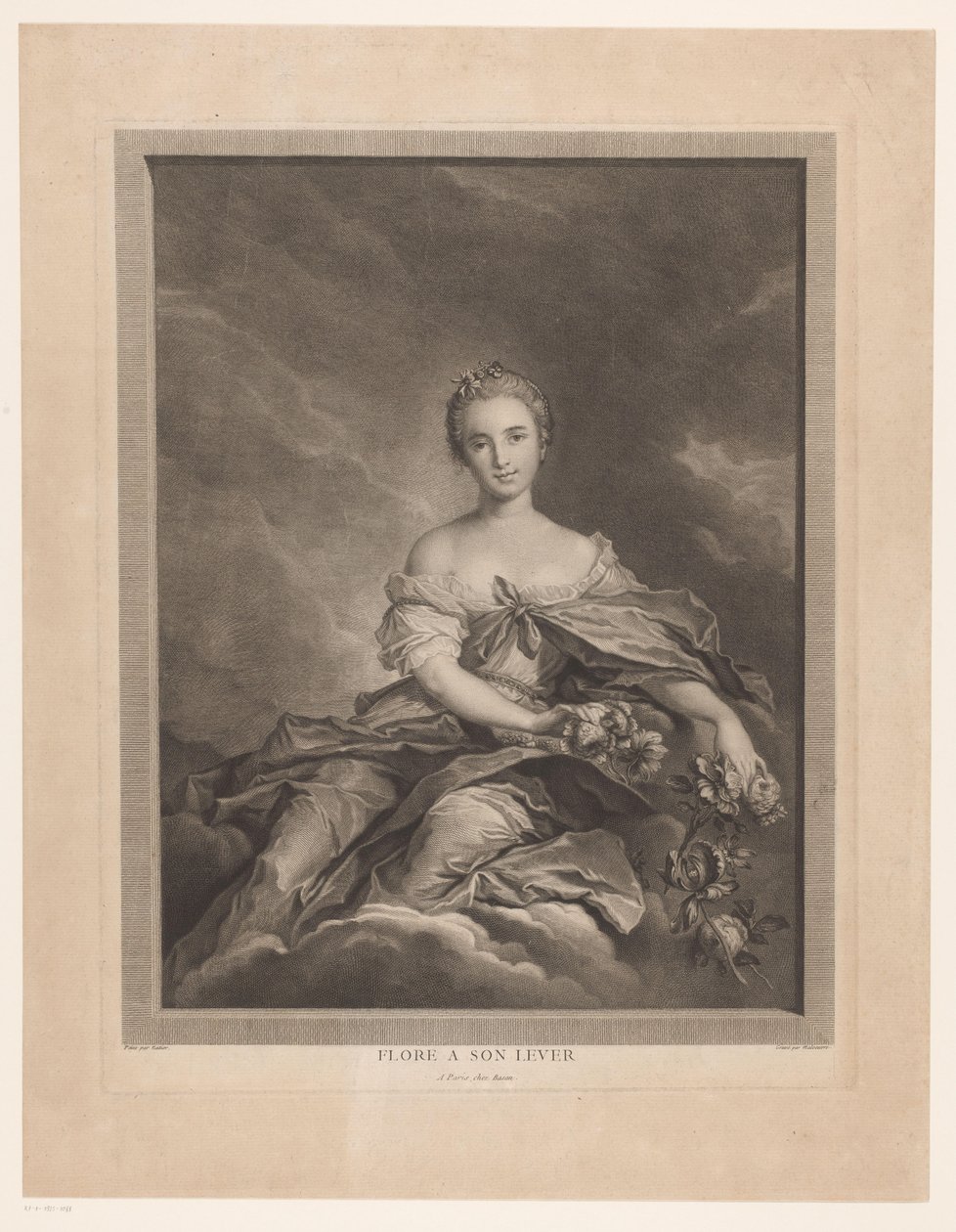 Flora på moln med blommor i handen Flore a son spak (titel på objekt) av Pierre Maloeuvre