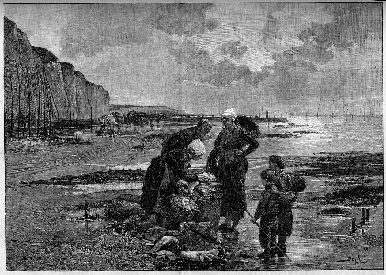 Fisket av Dieppe, lågsto. Gravyr efter målningen av Pierre Beyle (1838-1902) i ""The Illustrous World"" nr 1327 den 2 september av Pierre Marie (after) Beyle