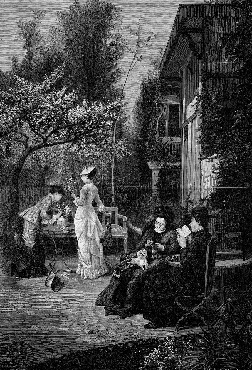 Blommor av persika (1800-talet). Gravyr efter målningen av Pierre Beyle (1838-1902). I "" The Illustrous World"" nr 1250 av 12 mars av Pierre Marie Beyle
