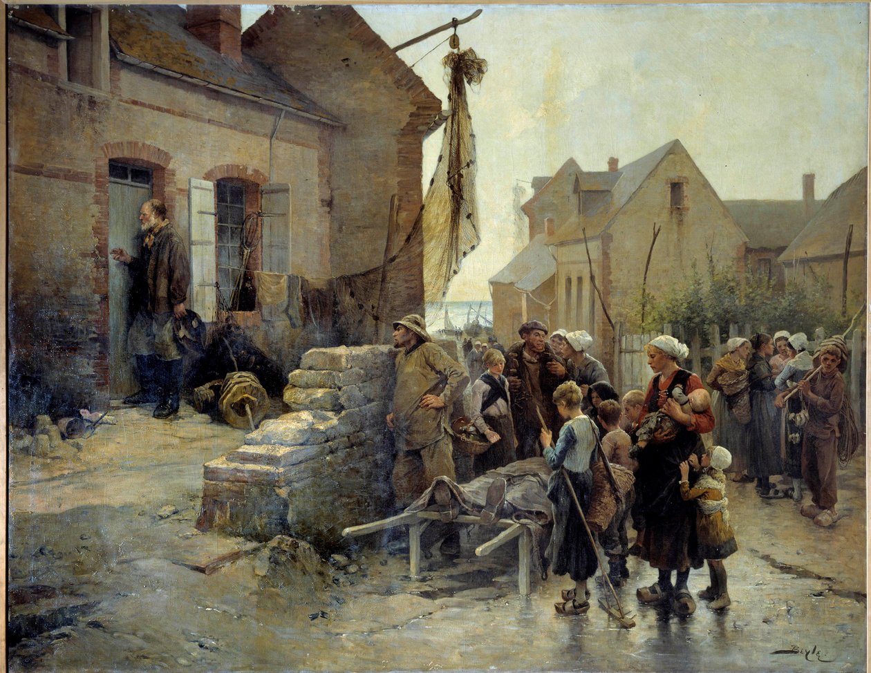Återvända från Tempete En sjöman knackar på dörren till en kvinna till en syndare som dog i ett tempet för att berätta nyheten för henne. Målning av Pierre Marie Beyle (1838-1902) Fecamp från 1800-talet, Museum of the Newfoundland av Pierre Marie Beyle