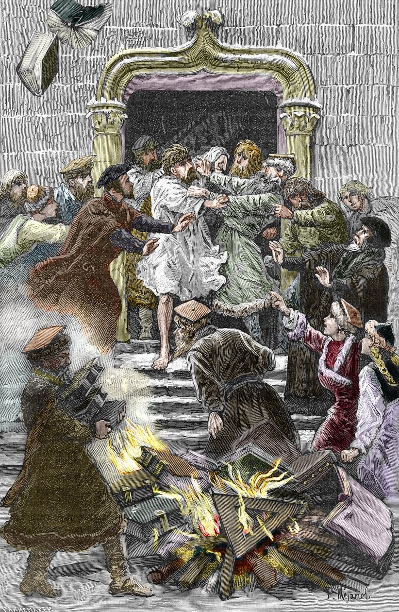 Socinianism och lilla polska kyrkan: invånarna i Krakow bränner verken av Faustus Socinus (Faust Socin eller Fausto Sozzini) (1539-1604) på det offentliga torget och tvingar honom att delta i autodafe 1598 (Socinianism och polska bröder: bränningen av av Pierre Mejanel