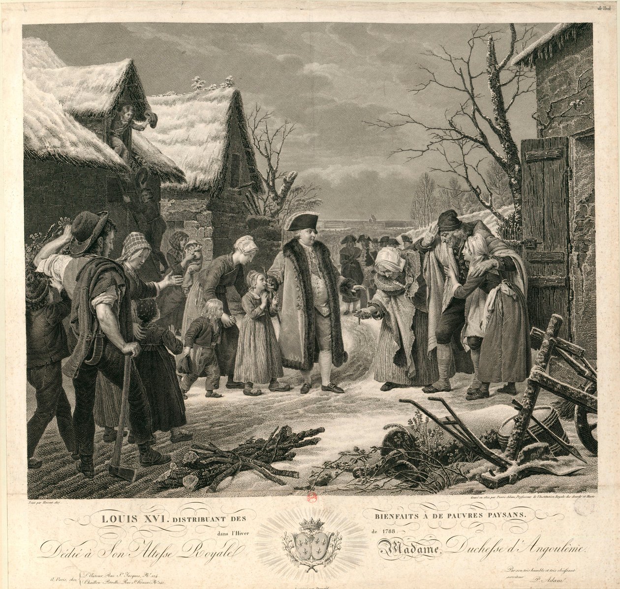 Ludvig XVI delar ut allmosor till de fattiga bönderna vintern 1788, ca. 1817. av Pierre Michel Adam