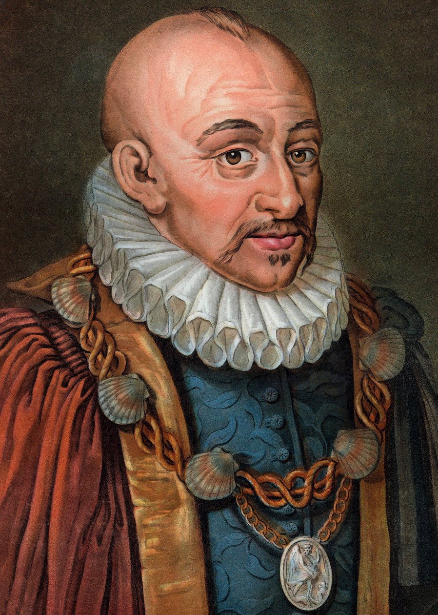 Michel Eyquem de Montaigne 1533-1592 - gravyr - 1800-talet - Porträtt av Michel Eyquem de Montaigne (1533-1592)", fransk humanistfilosof. Gravyr av Pierre Michel Alix av Pierre Michel Alix