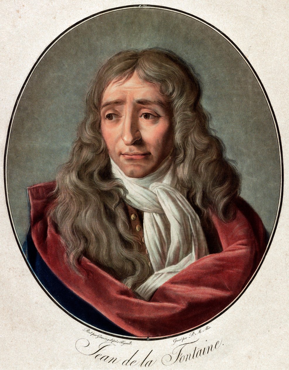Porträtt av Jean de La Fontaine (Lafontaine) (1621-1695), fransk poetgravyr av Pierre Michel Alix (1762-1817) av Ambroise Louis Garnerey (1783-1857) av Pierre Michel Alix