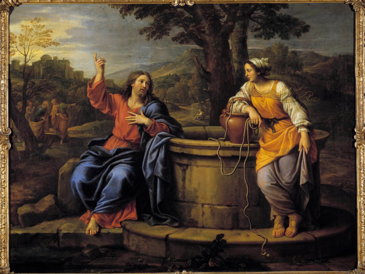 Jesus och samariten Jesus som sitter och vilar möter en samarit som kom för att hämta vatten och ber henne att dricka. Målning av Pierre Mignard (1612-1695) Raleigh från 1600-talet, konstmuseum av Pierre Mignard
