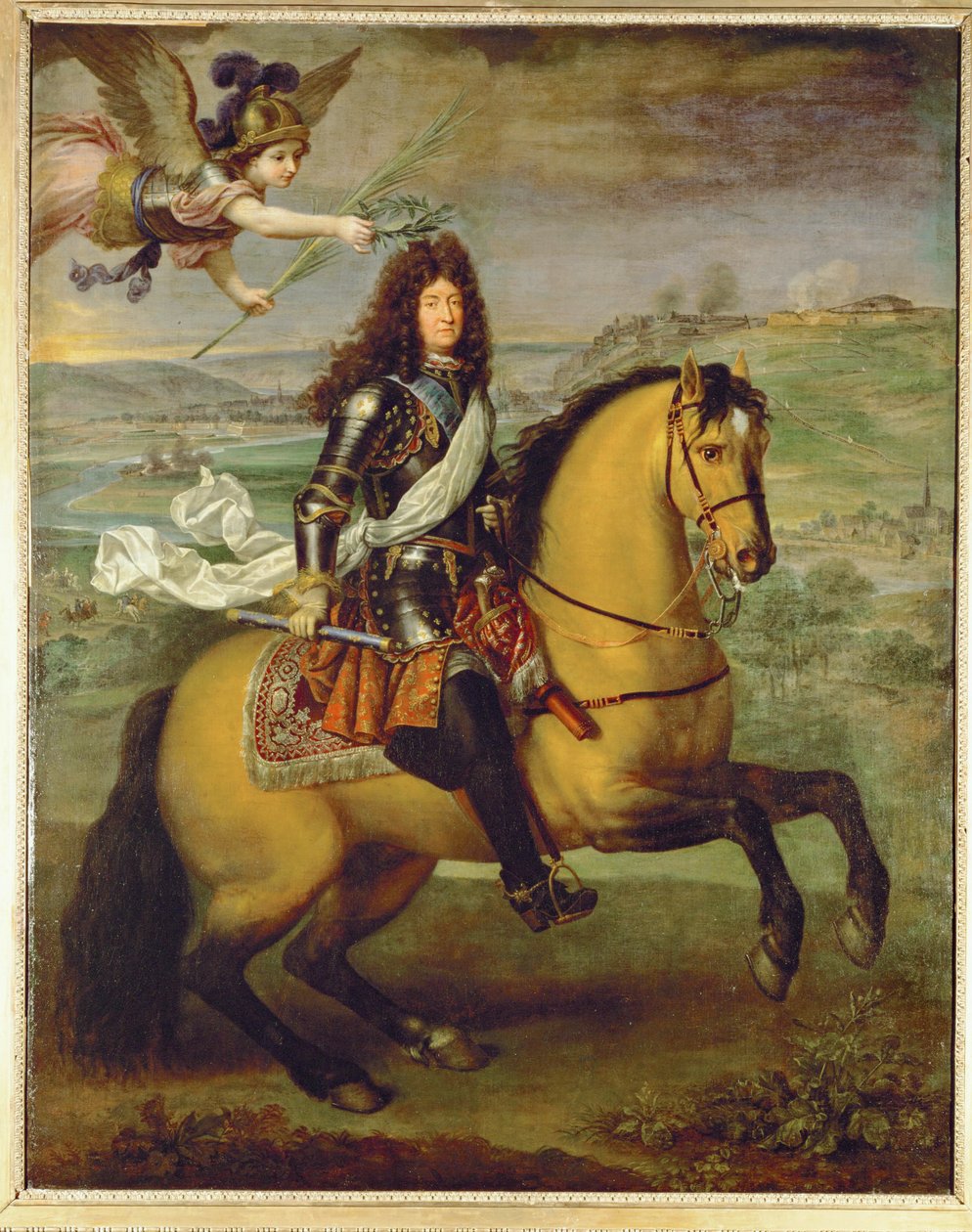 Ludvig XIV till häst, krönt av seger ... (målning på duk) av Pierre Mignard