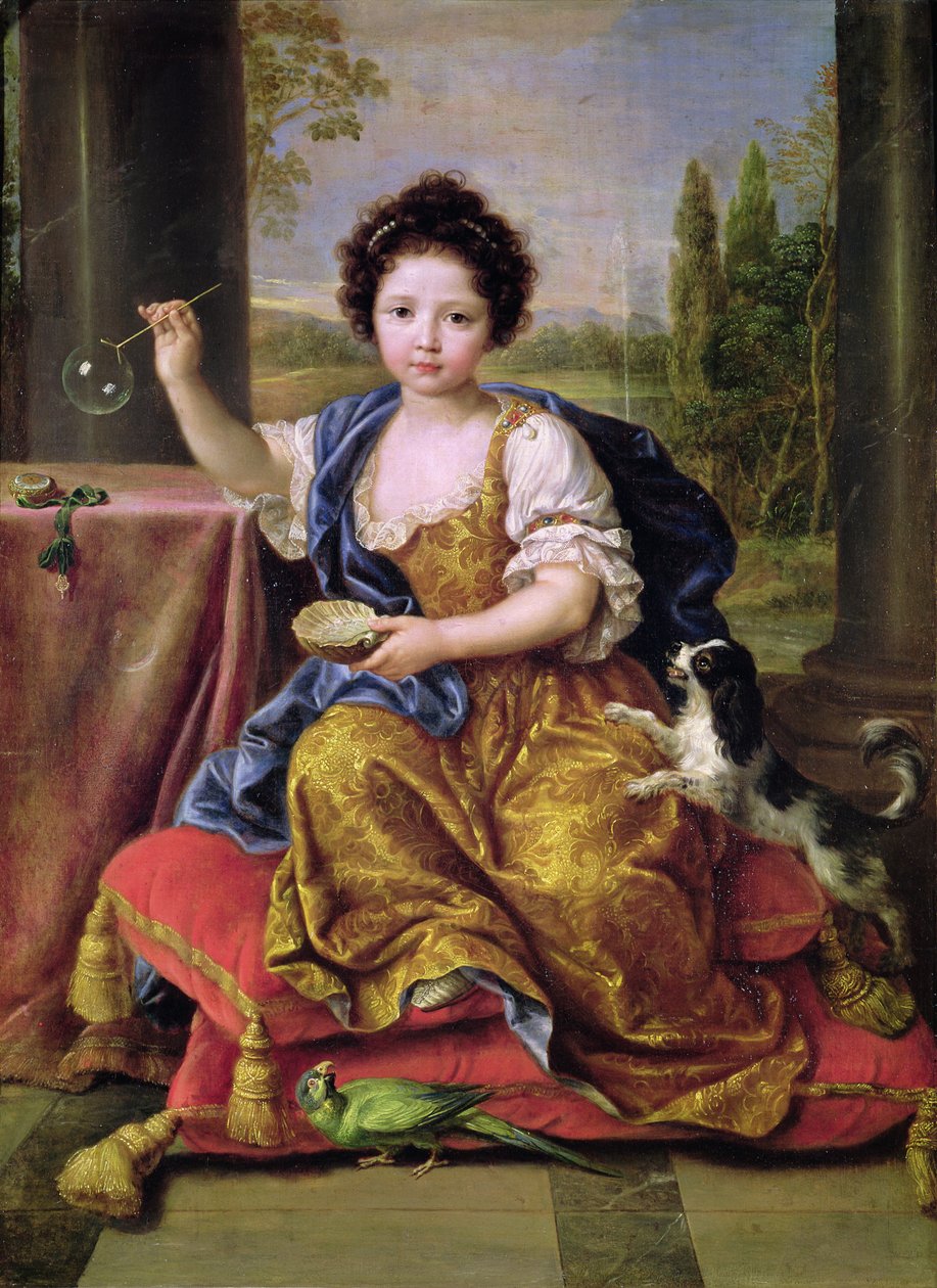Marie-Anne de Bourbon (1666-1739) Mademoiselle de Blois, blåser såpbubblor (olja på duk) av Pierre Mignard