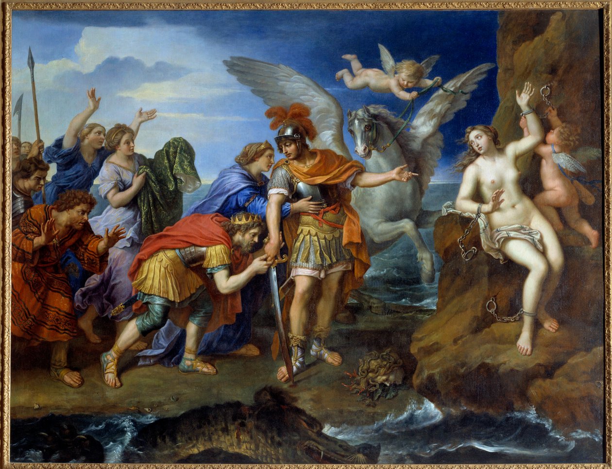 Persee befriar Andromede Andromeda kedjad vid en sten levereras av Persee och räddar marinmonstret. Målning av Pierre Mignard (1612-1695) 1600-talet av Pierre Mignard