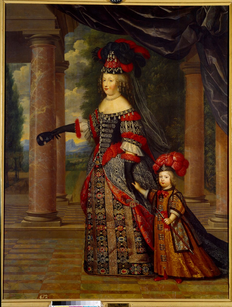 Porträtt av Marie Therese av Österrike, Frankrikes drottning (1638 - 1683) och den stora delfinen. Målning av Pierre Mignard (1612-1695) av Pierre Mignard