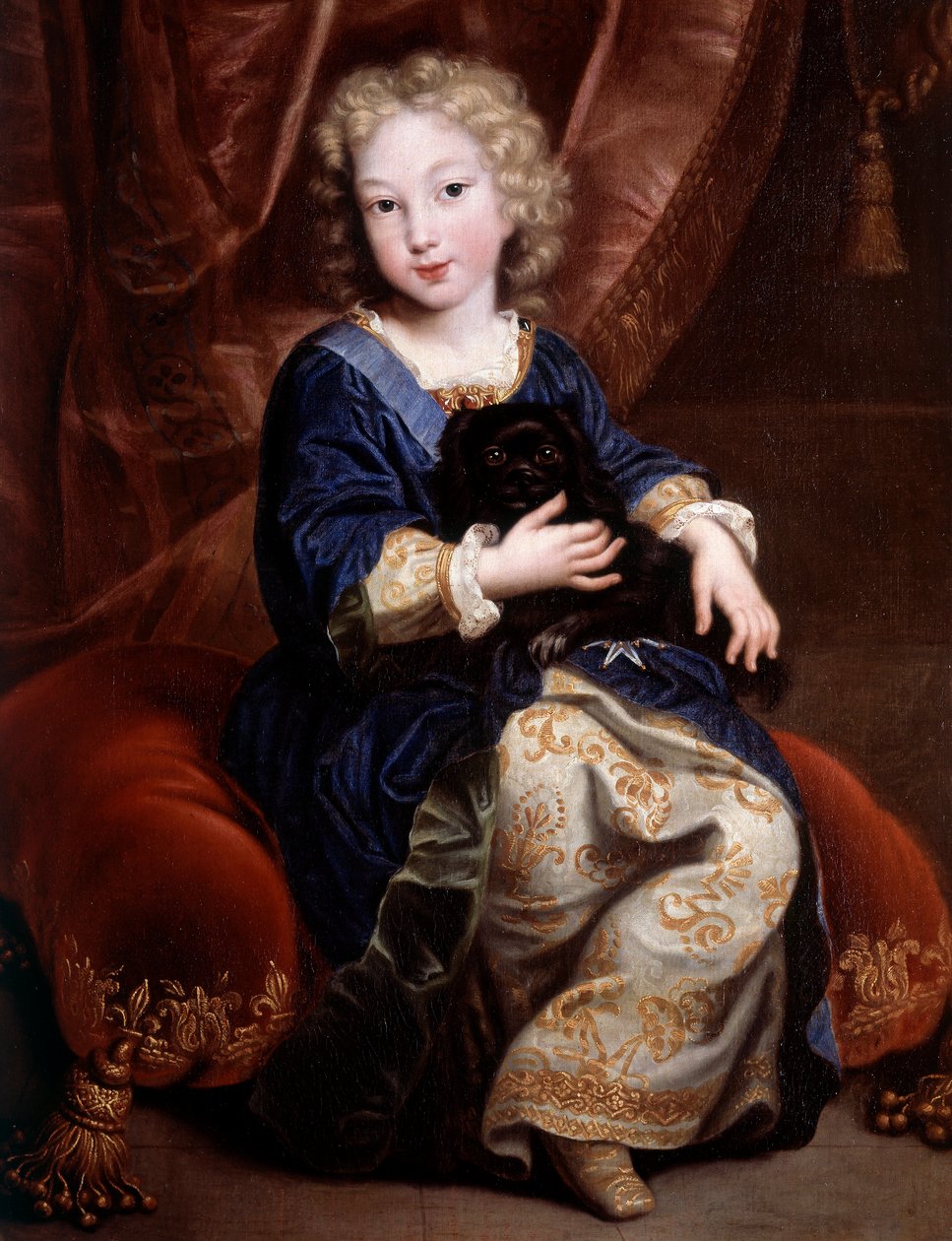 Porträtt av Philippe av Frankrike, hertig av Anjou (1683-1746) (blivande Philip V av Spanien) föreställer barn med sin svarta hund Målning av Pierre Mignard (1612-1695) av Pierre Mignard