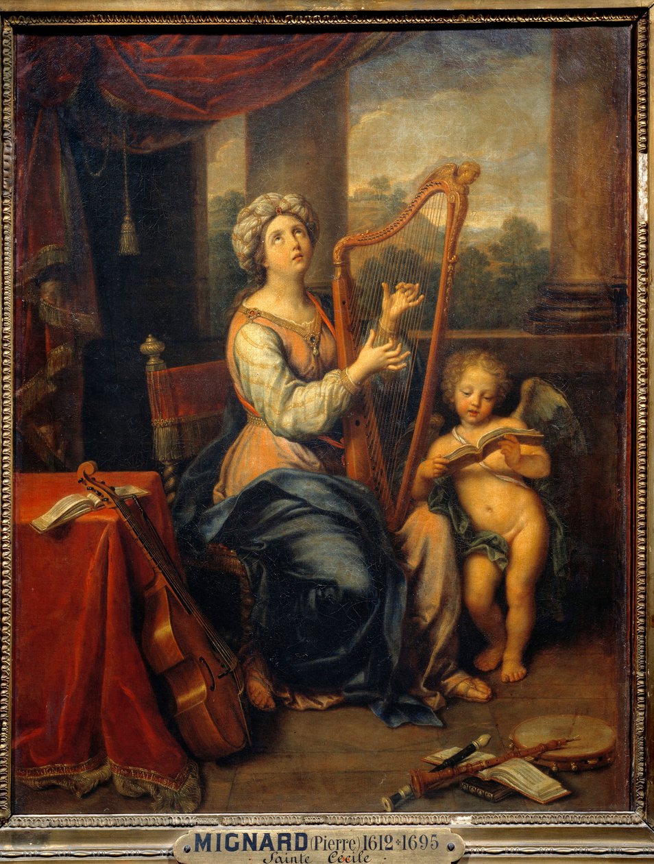 Saint Cecile sjunger Herrens lov. Helgonet spelar harpa och är omgivet av instrument. Målning av Pierre Mignard (1612-1695) 1691 Sön. 0,74x0,56 m Paris, Louvren av Pierre Mignard