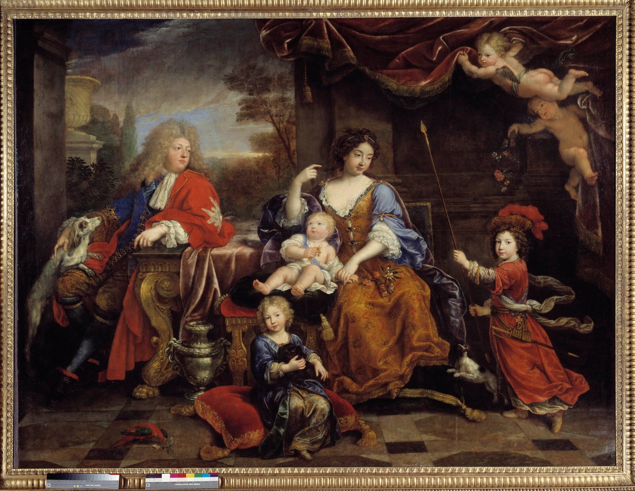 Familjen Ludvig av Frankrike (1661-1711) son till Ludvig XIV (1638-1715), känd som Grand Dauphin"", 1687"" Han var en representant med sin fru Marie Anne Christine de Baviere och deras barn Louis, Philippe (som blev Philip V av Spanien) och Char av Pierre Mignard