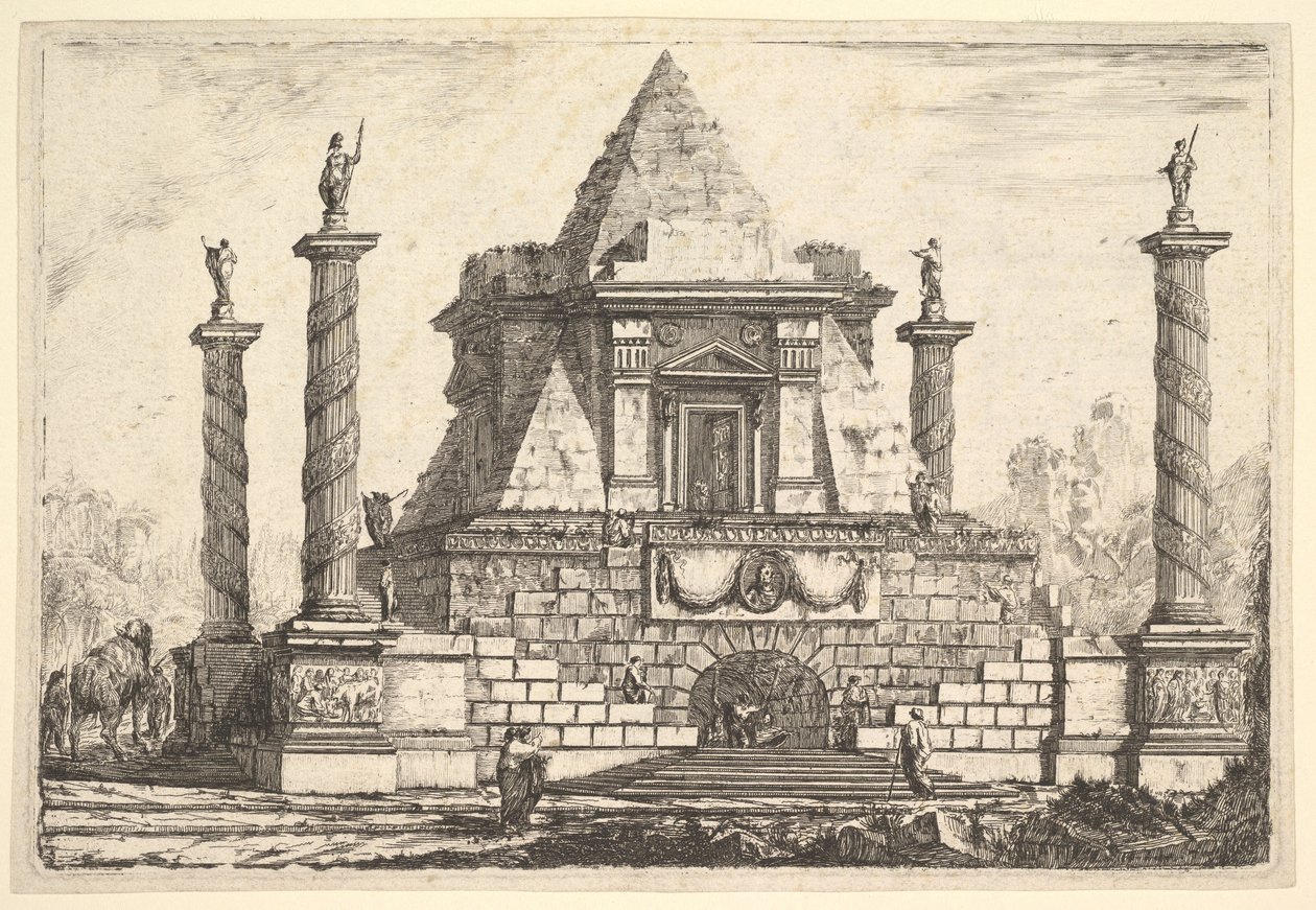 Imaginär arkitektur med kamel och figurer, efter Della Bella, 1700-talet. av Pierre Moreau