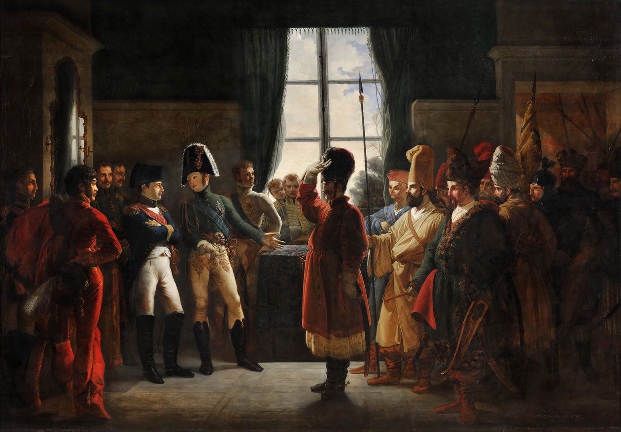 Tsar Alexander I presenterar kalmykerna, kosackerna och basjkirerna från den ryska armén för Napoleon I, Tilsit av Pierre Nolasque Bergeret