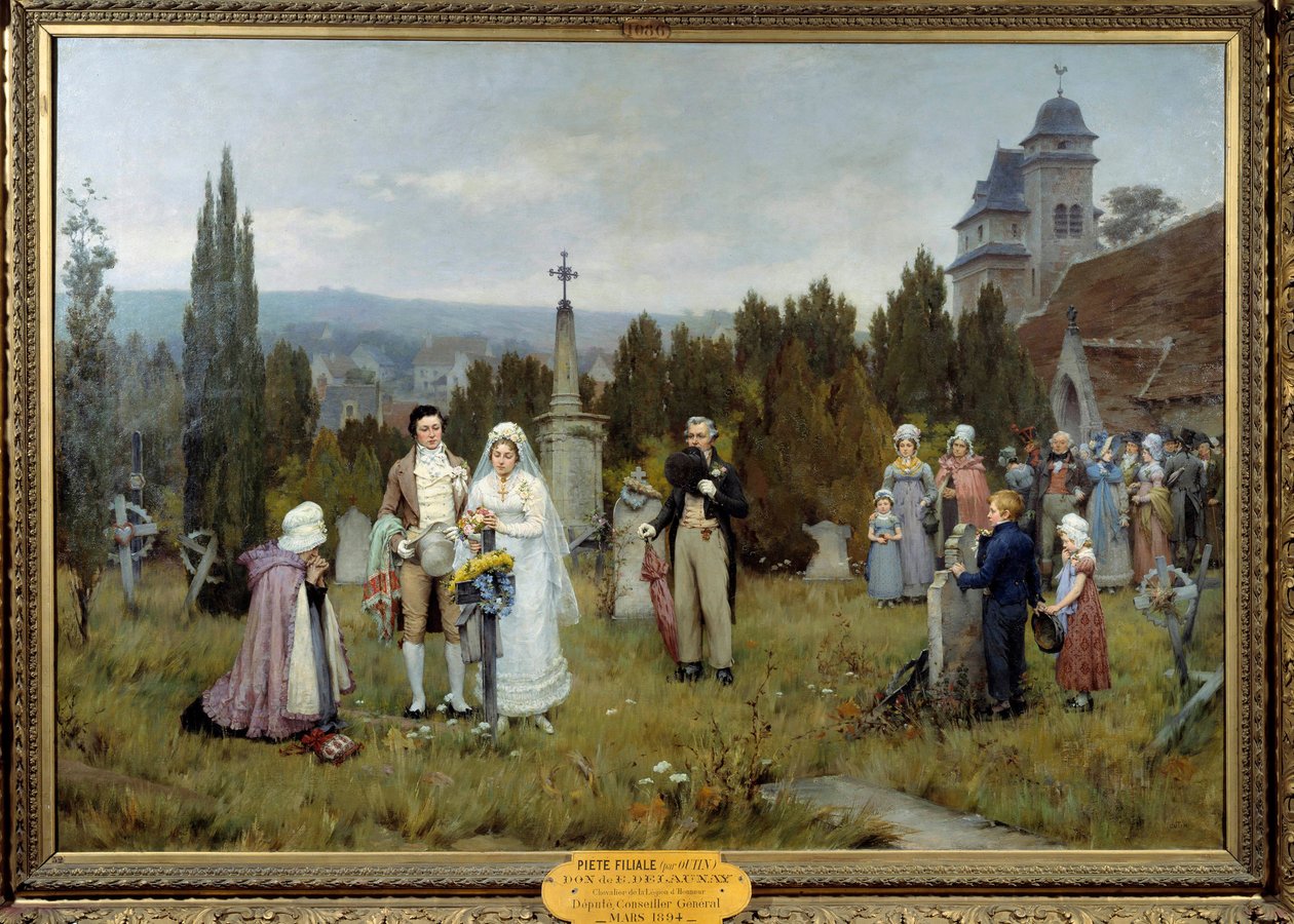 Piete dotterbolag Wedding Scene, de unga brudarna samlas på graven av den avlidne far till en av de unga brudarna. Målning av Pierre Otin (1840-1899) 1800-talet. Fecamp, museicentrum för konst av Pierre Outin