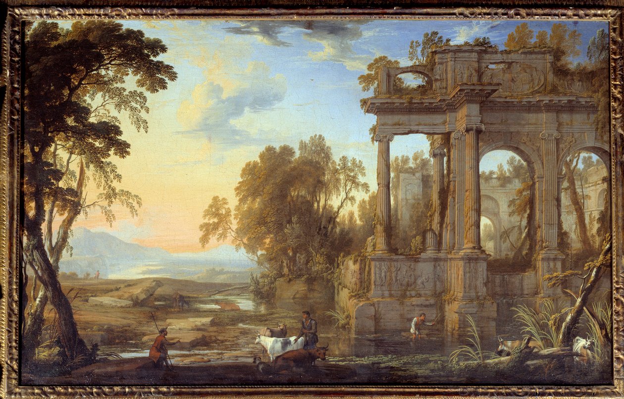 Landskap med ruiner och pastorer Målning av Pierre Patel the Pere (1605-1676) 1600-talets sön. 0,53x0,83 m av Pierre Patel