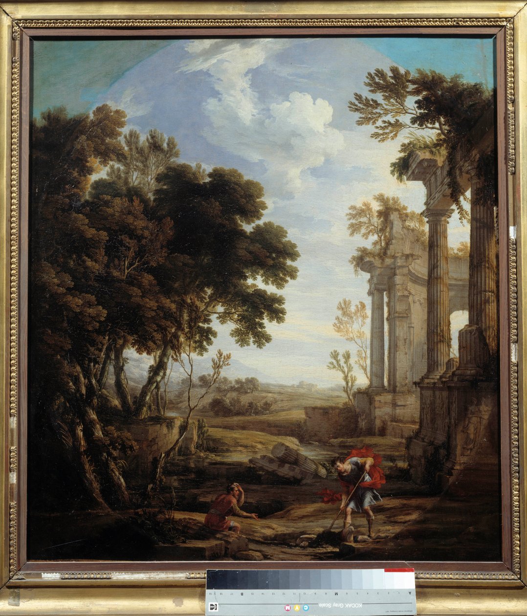 Moses begravde under sanden egyptiern som han hade dödat. Moses hade dödat egyptiern som hade slagit en hebré. Målning av fadern Pierre Patel (1605-1676). Dämpa. 0,94x0,84 m. 1600-talet. av Pierre Patel