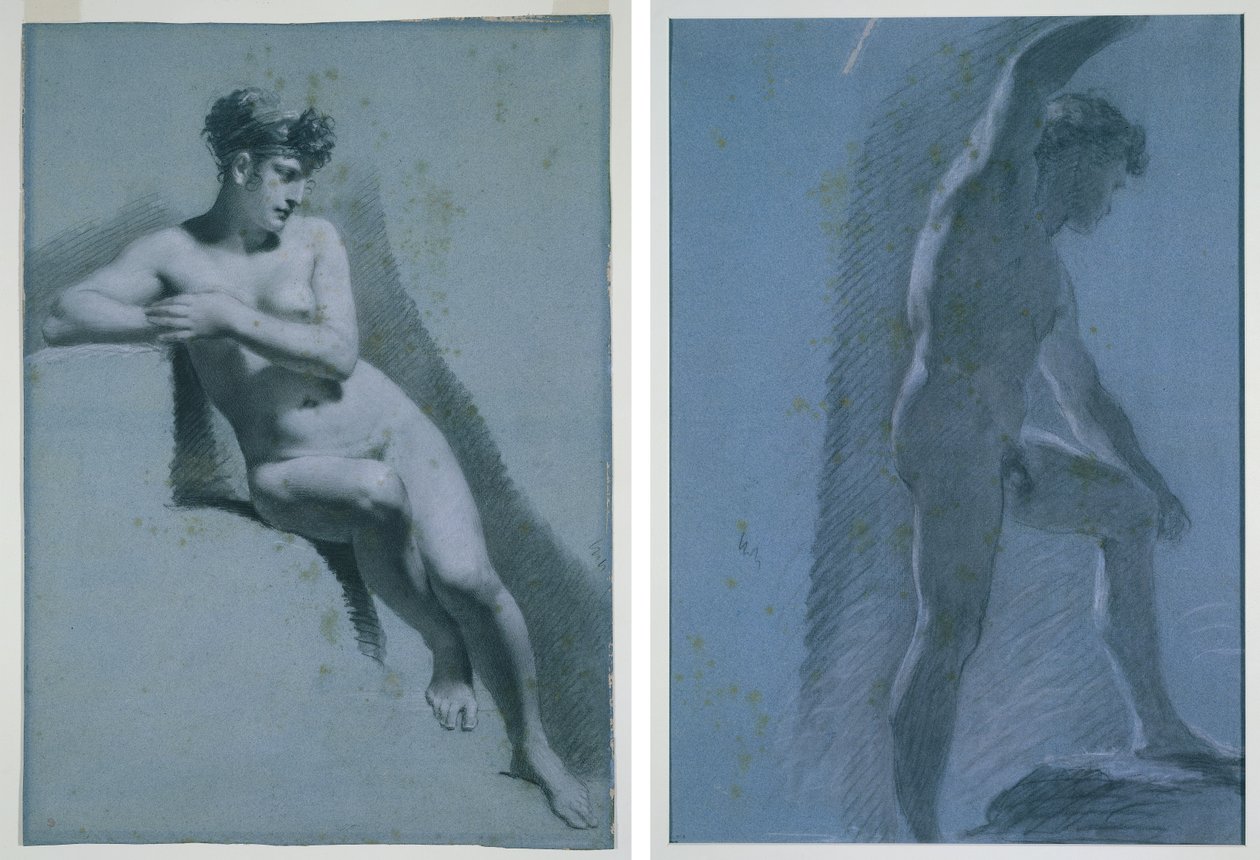 Studie av en naken kvinna, sittande tittar åt höger (recto) Studie av en manlig naken (verso) av Pierre Paul Prud
